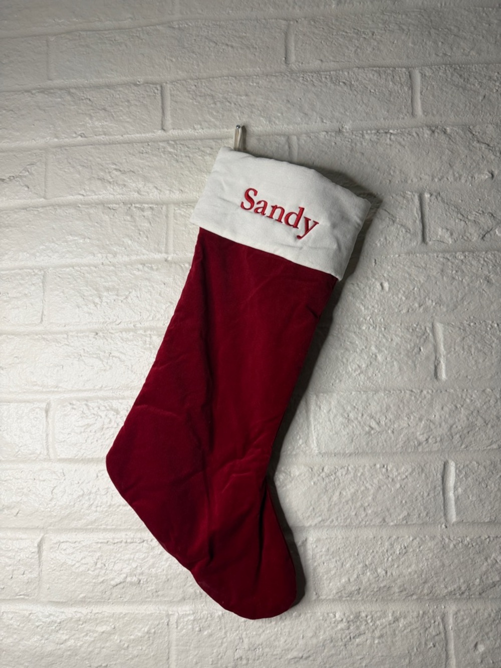 Extra Large Pottery Barn Classic Velvet Stocking Red w/White “Eliza”